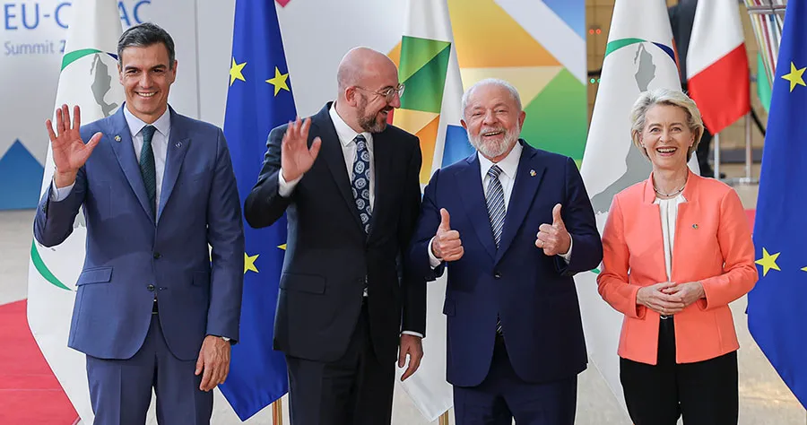 EU-CELAC Summit in Brussels 2023: Luiz Inacio Lula da Silva, Pedro Sanchez, Charles Michel and Ursula Von Der Leyen.