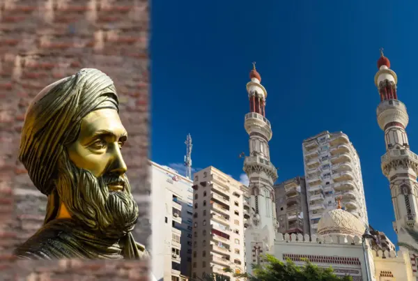 Ibn Khaldoun Statue and the Dome and Minarets of Ibn Khaldun Mosque