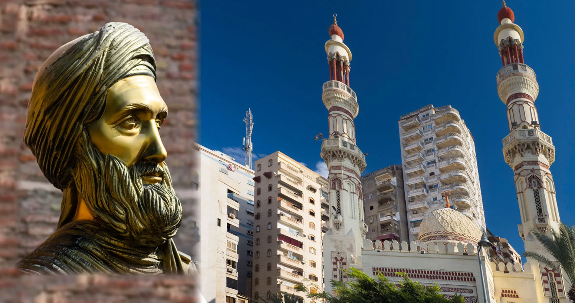 Ibn Khaldoun Statue and the Dome and Minarets of Ibn Khaldun Mosque